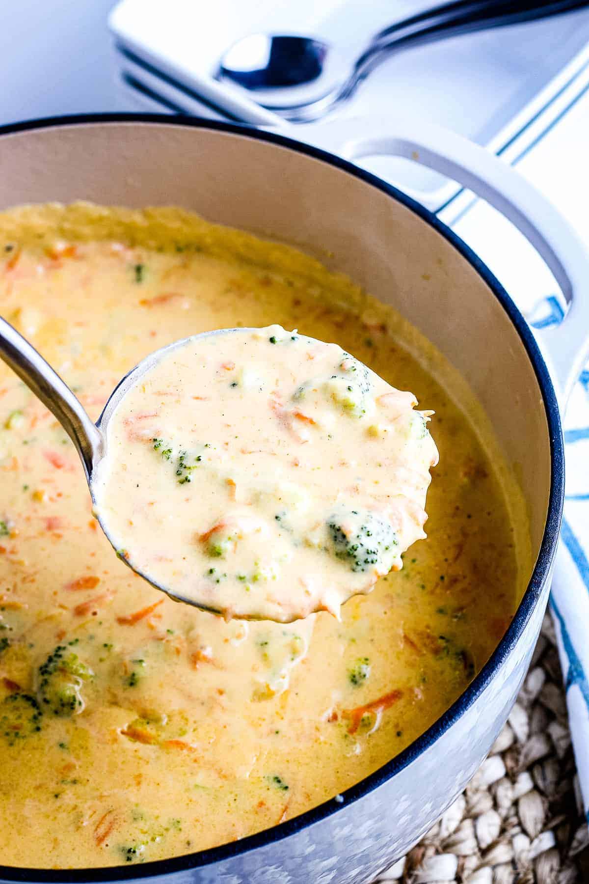 Ladle full of homemade Broccoli Cheese Soup