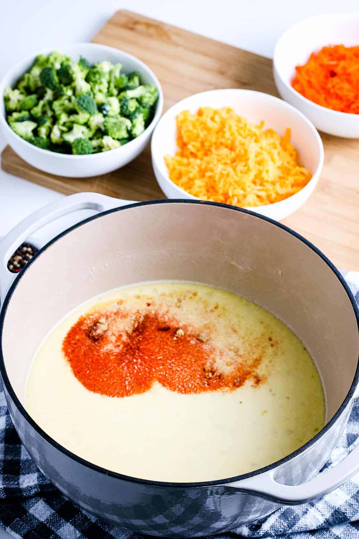 Adding seasoning to soup base in dutch oven