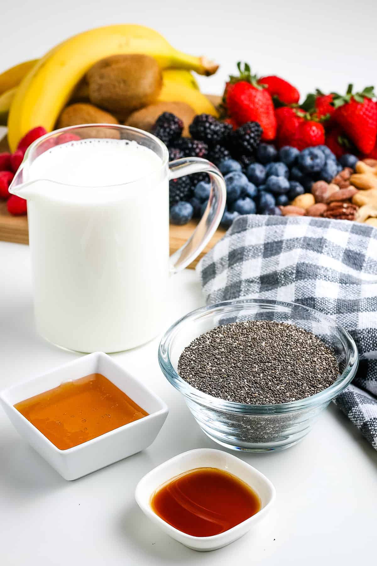 Ingredients in containers for chia pudding