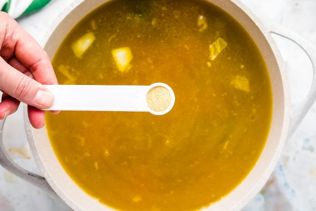 Hand holding spoon of garlic seasoning and adding it to a pot of chicken noodle soup.