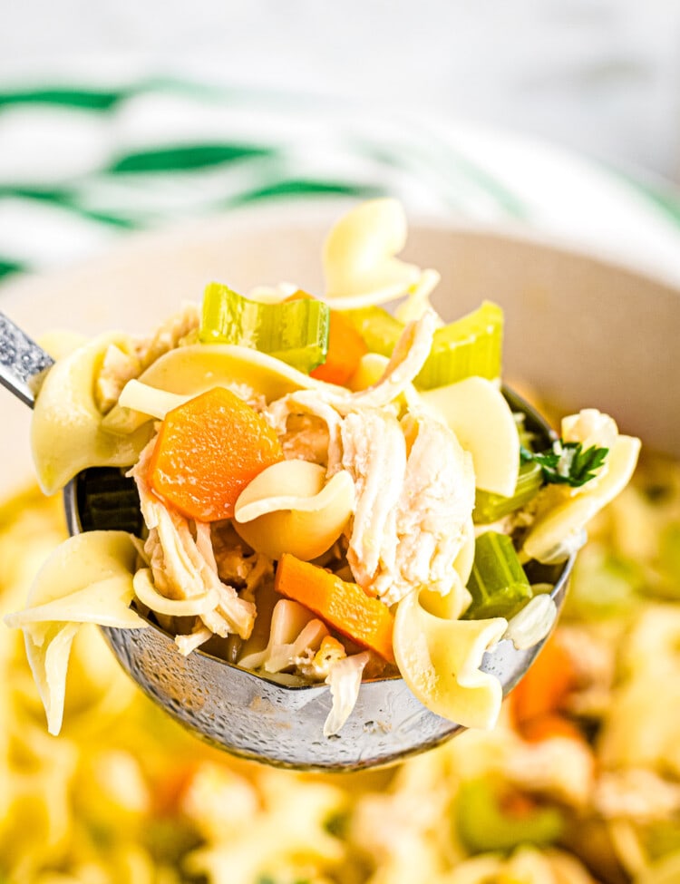 Ladle with chicken noodle soup in it. A pot of soup in the background.