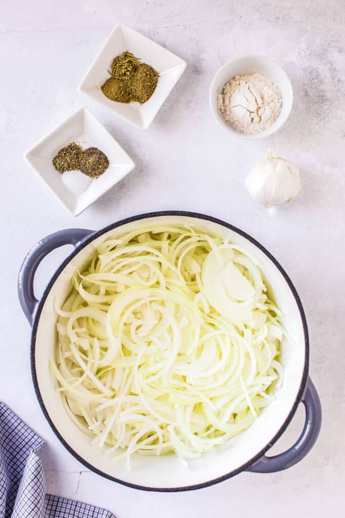 Dutch oven with thinly sliced onions before cooking