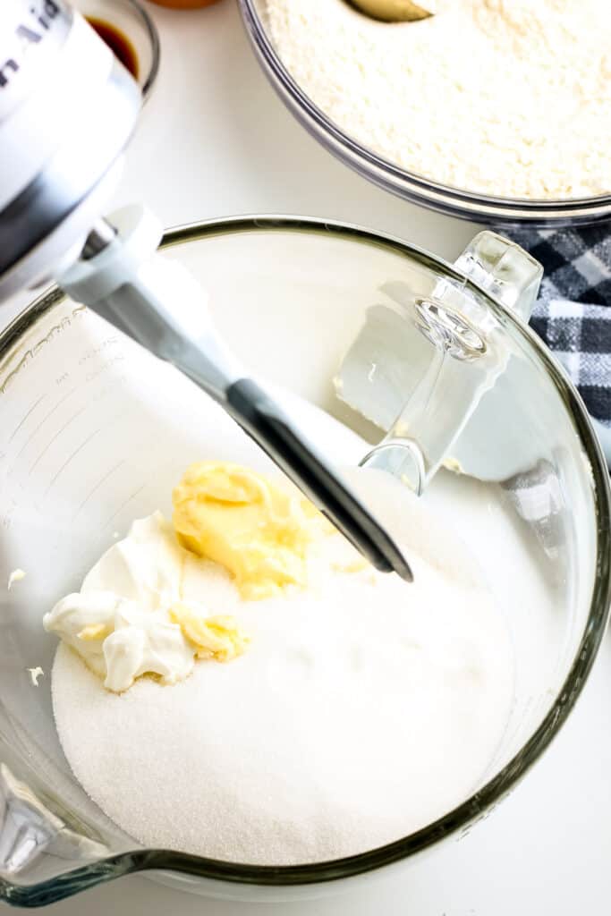 Glass bowl with ingredients to cream together