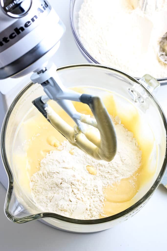 Mixing dry and wet ingredients together for cookies