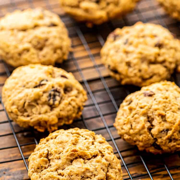 Oatmeal Raisin Cookies on a wire cooling rack