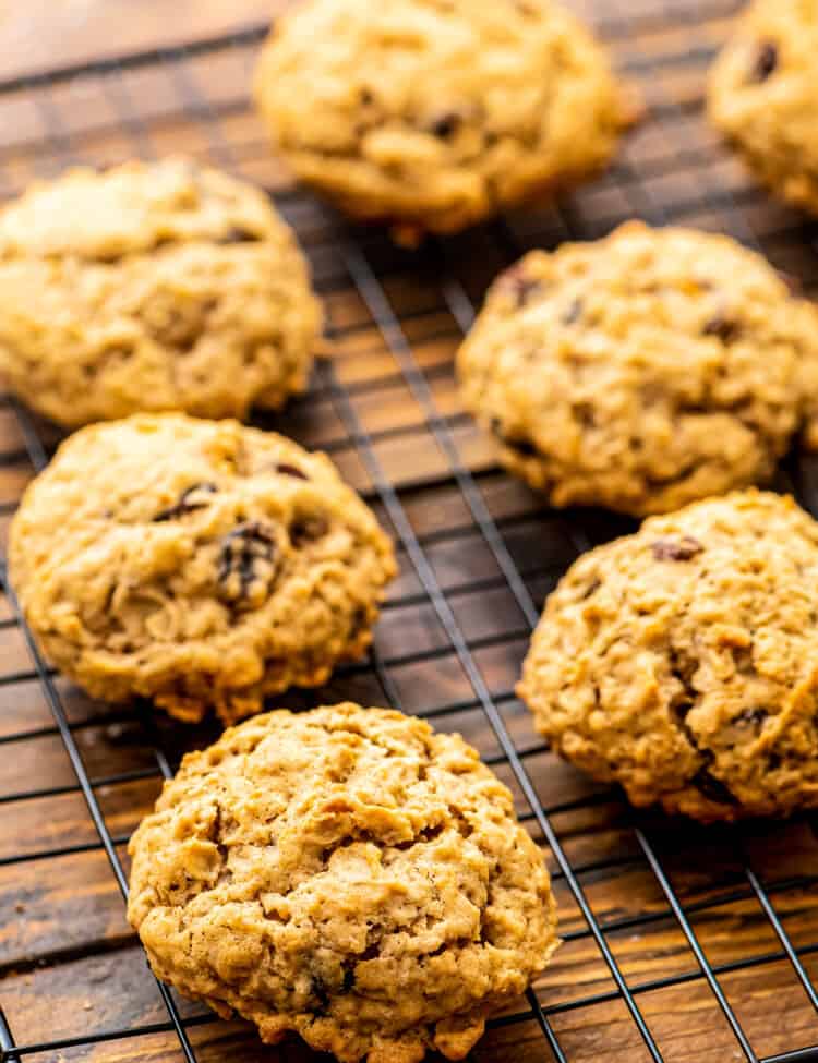 Oatmeal Raisin Cookies on a wire cooling rack