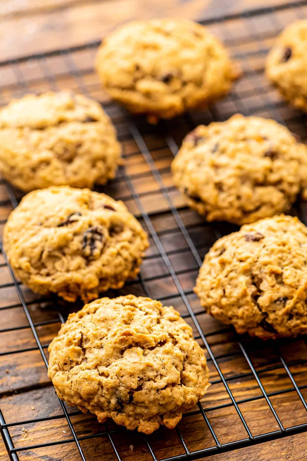 Oatmeal Raisin Cookies on a wire cooling rack