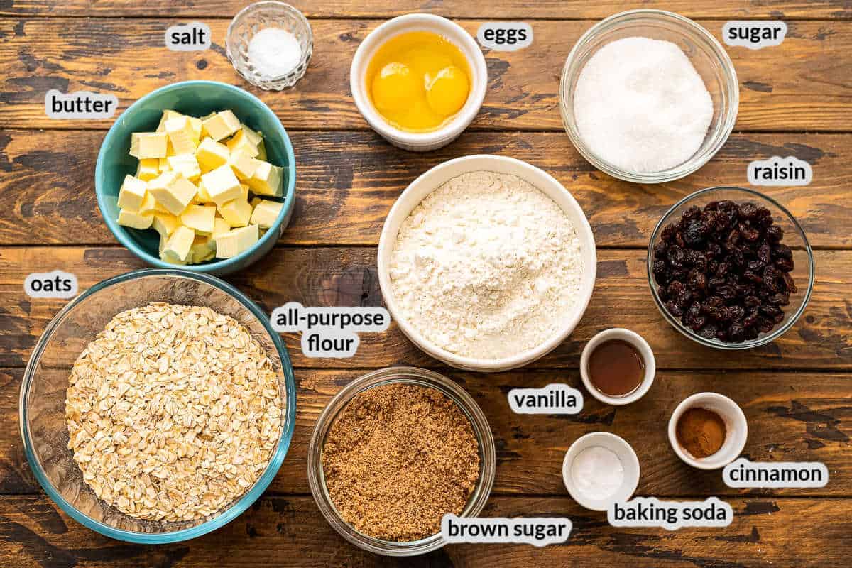 Overhead Image of Oatmeal Raisin Cookies Ingredients