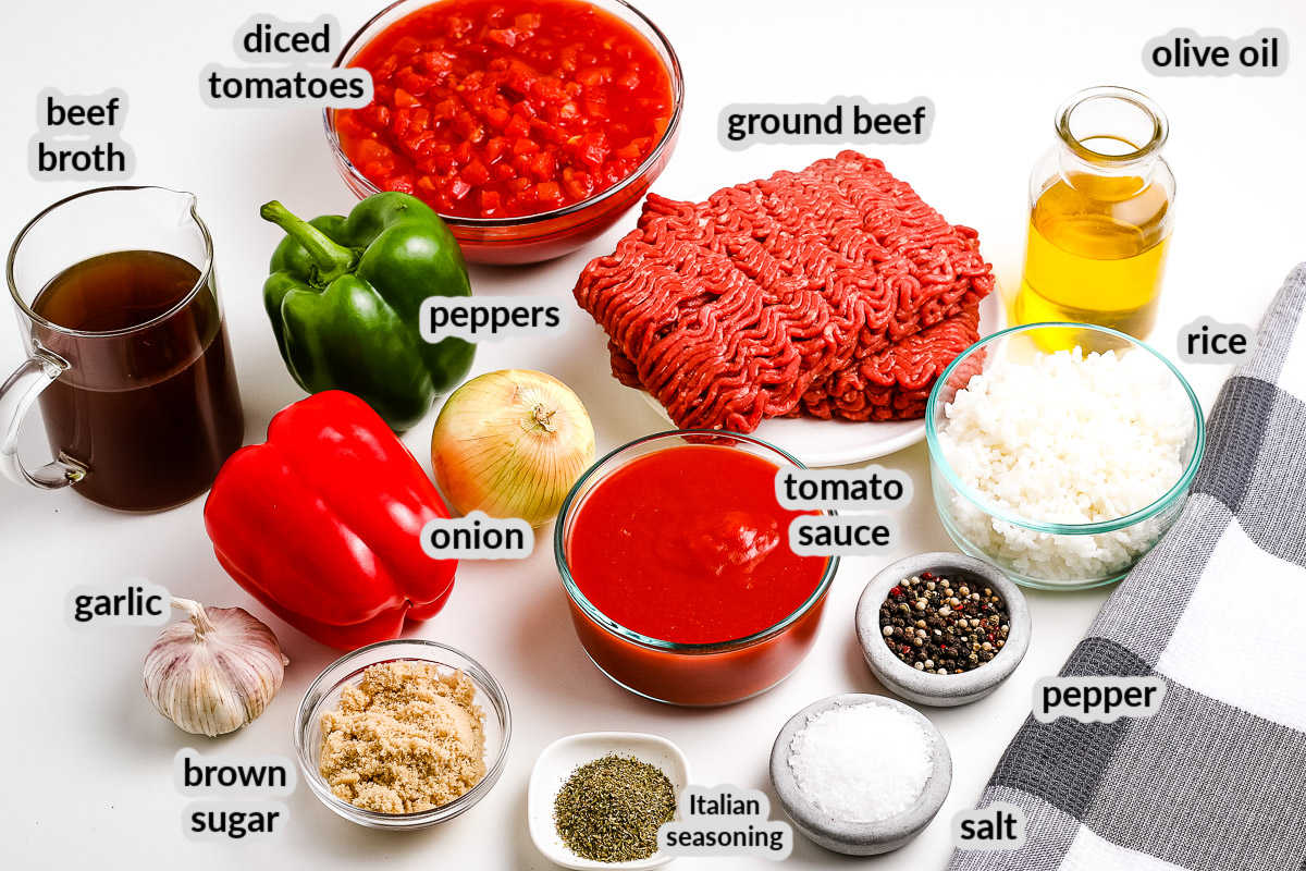 Stuffed Pepper Soup Ingredients in bowls on white background