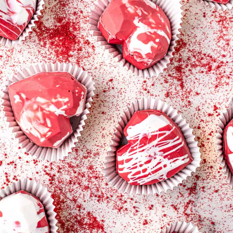 Valentine's Day Hot Chocolate Bombs in heart shaped liners