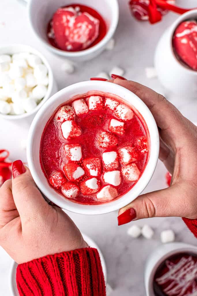 Hands holding a mug of red hot chocolate with marshmallows