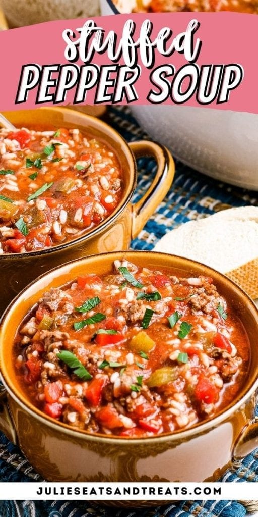 Pin Image Stuffed Pepper Soup with text overlay of recipe name on top and bottom photo showing bowl of soup.