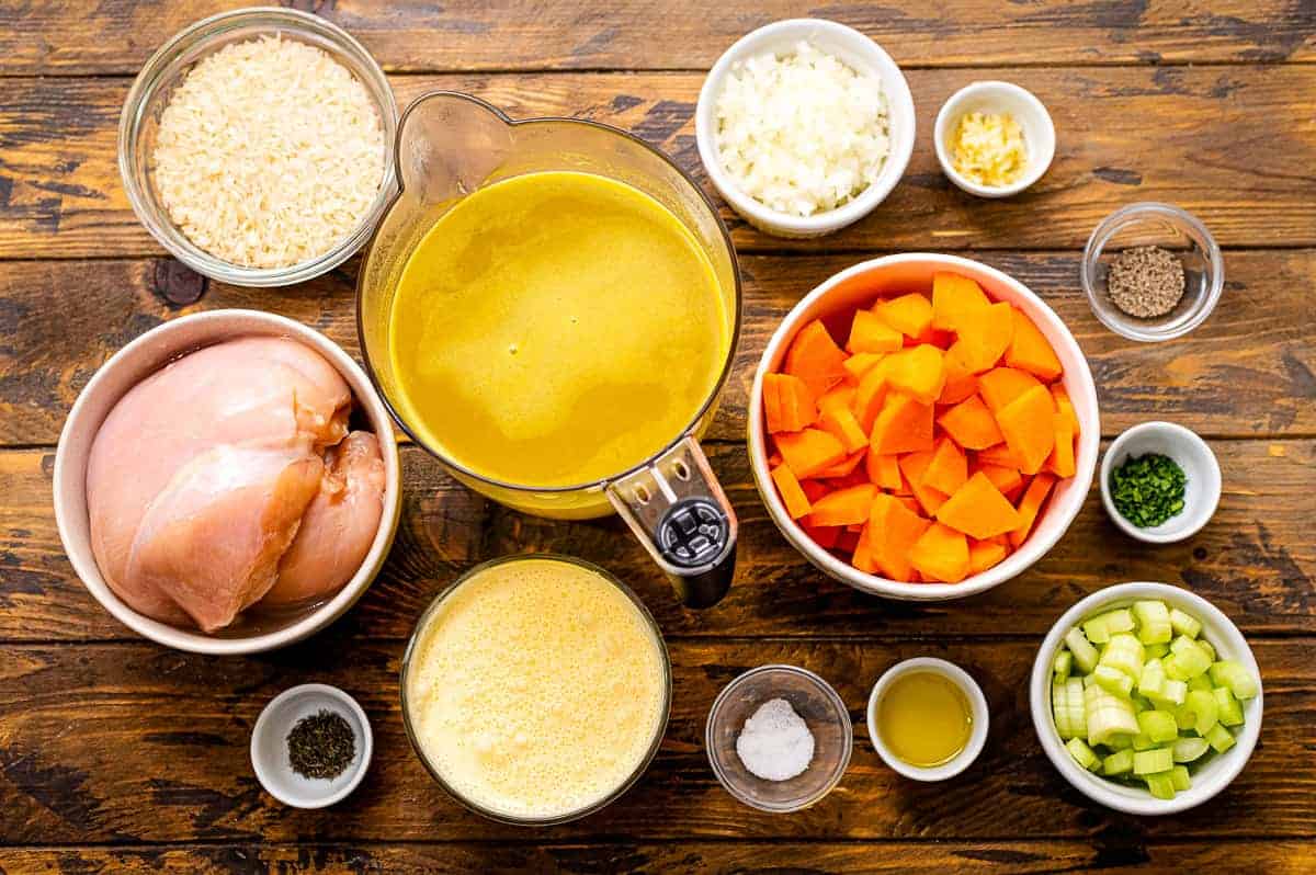 Overhead Image of Chicken Rice Soup Ingredients