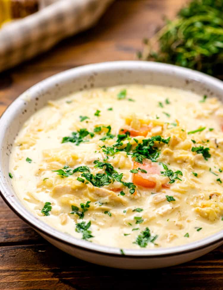 Bowl of Chicken and Wild Rice Soup garnished with chopped parsley