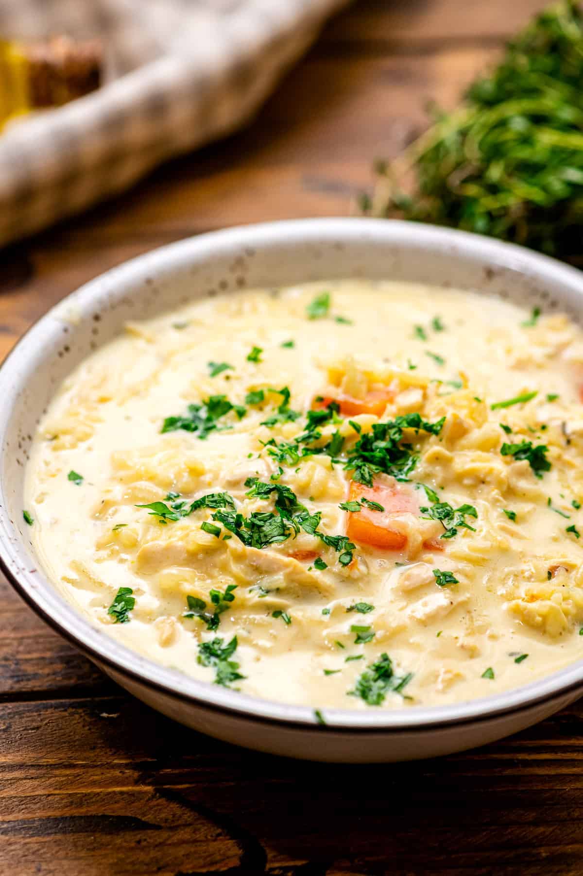 Bowl of Chicken and Wild Rice Soup garnished with chopped parsley