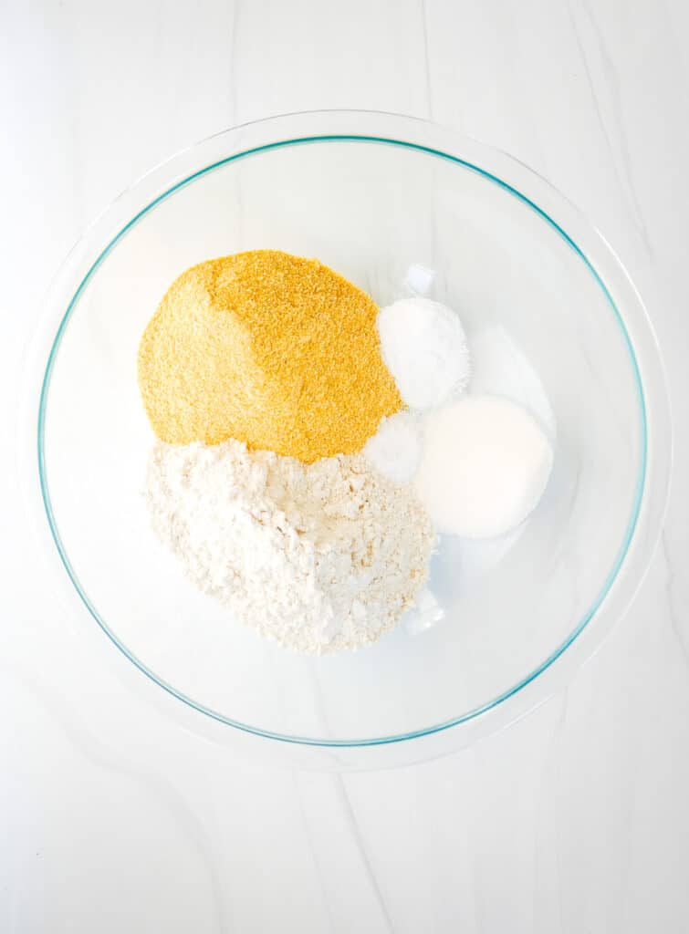 Cornmeal Pancakes dry ingredients in glass bowl