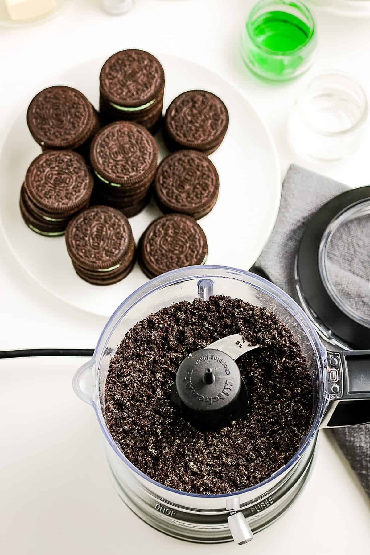 Food processor with chopped Oreos