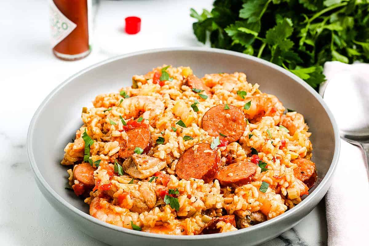 Gray plate with Instant Pot Jambalaya Recipe