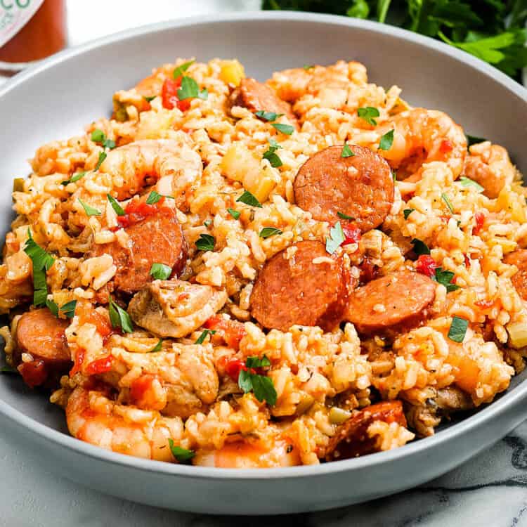 Close up of jambalaya on gray plate