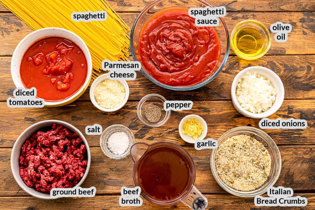 Overhead image of Instant Pot Spaghetti and Meatballs Ingredients