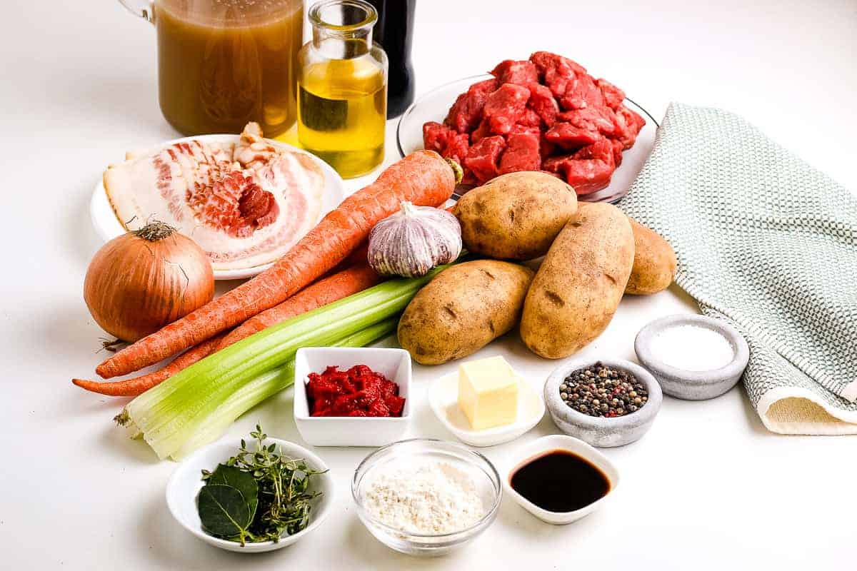 Overhead Image of Irish Beef Stew Ingredients