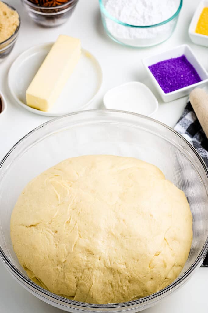 King Cake Dough after raising in glass bowl