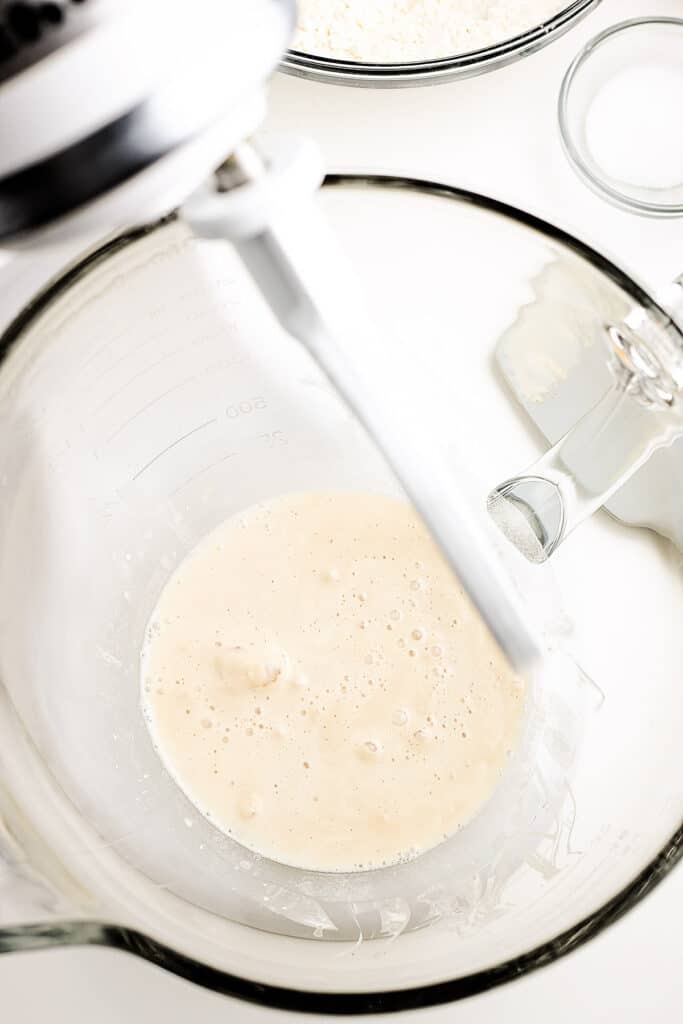 bubbling yeast and water in glass bowl