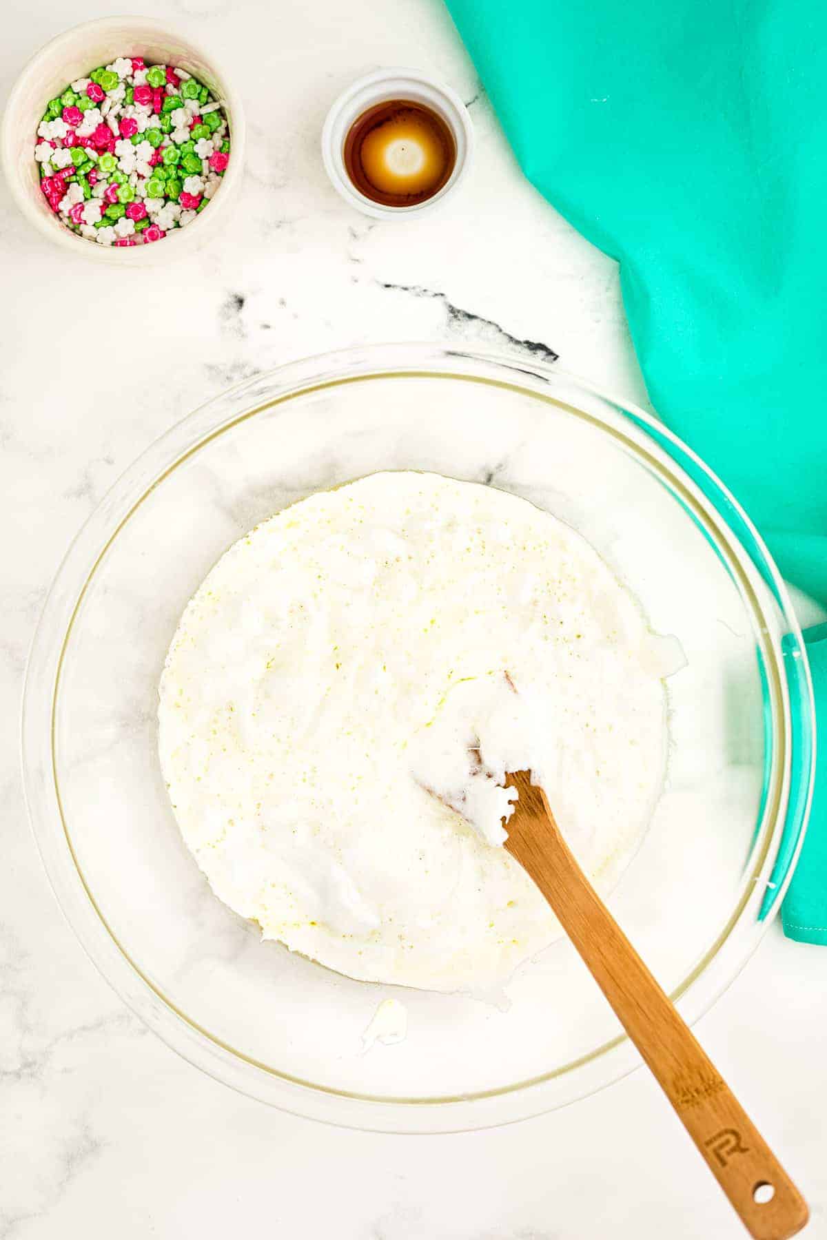 Overhead image of glass bowl with melted marshmallows