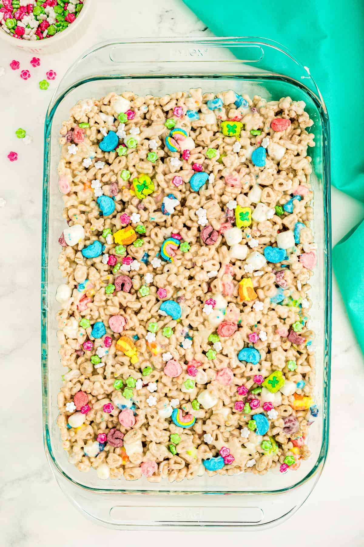 Overhead image of a pan of Lucky Charms treats