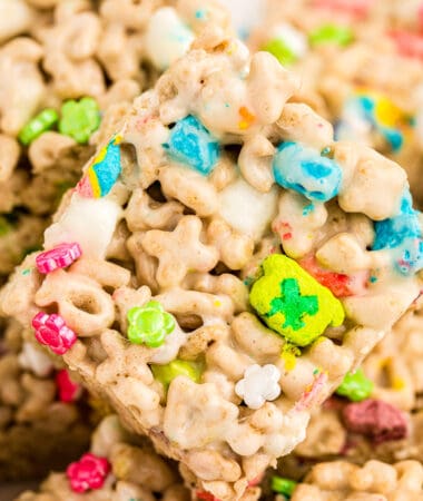 Close up picture of Lucky Charms Treats in a stack