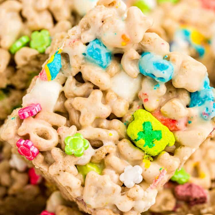 Close up picture of Lucky Charms Treats in a stack