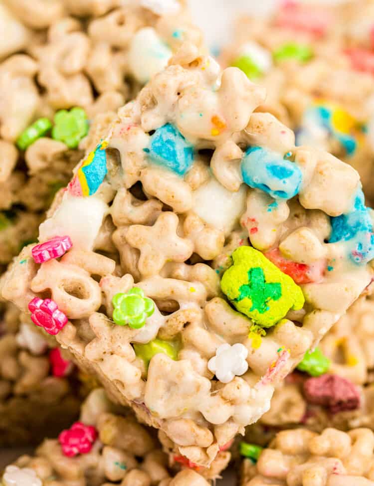 Close up picture of Lucky Charms Treats in a stack