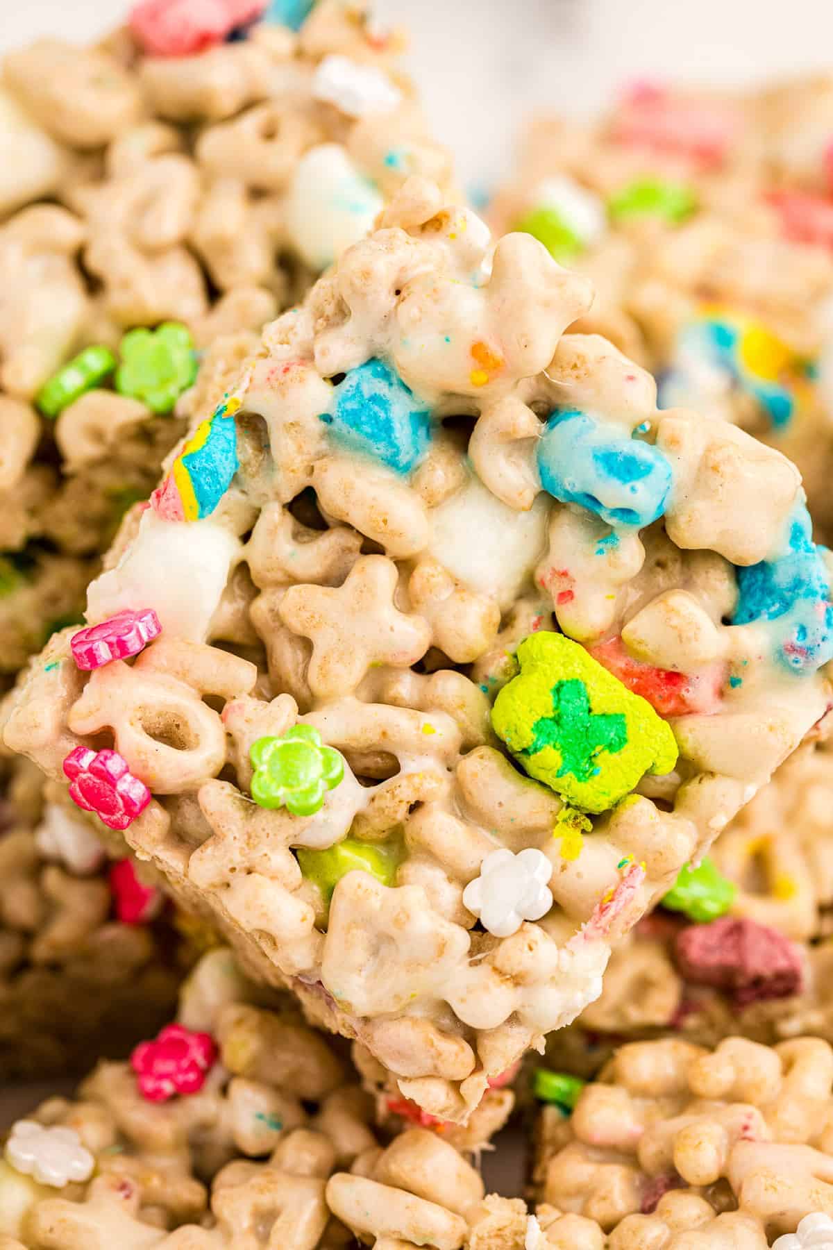 Close up picture of Lucky Charms Treats in a stack