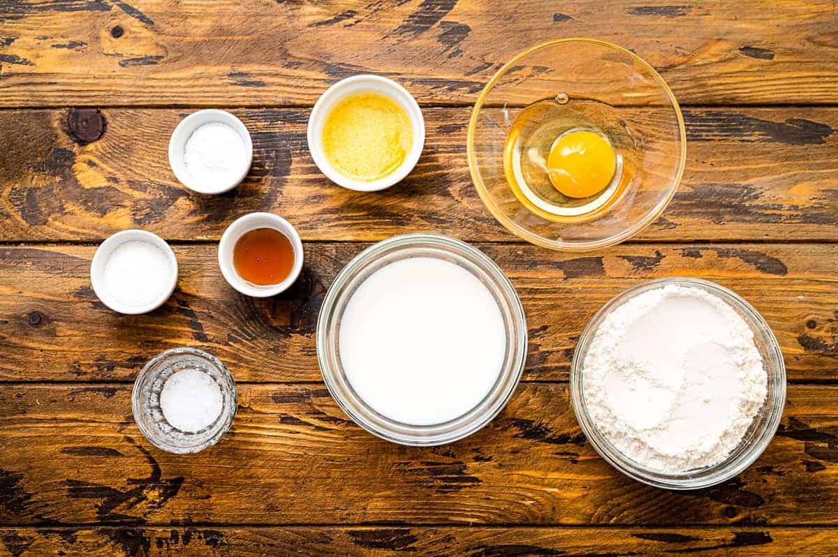 Overhead image of Mini Pancake Cereal Ingredients in bowls