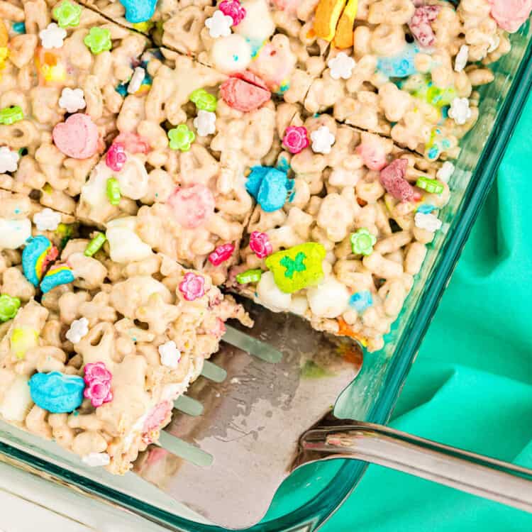 No Bake Lucky Charms Treats with spatula in pan