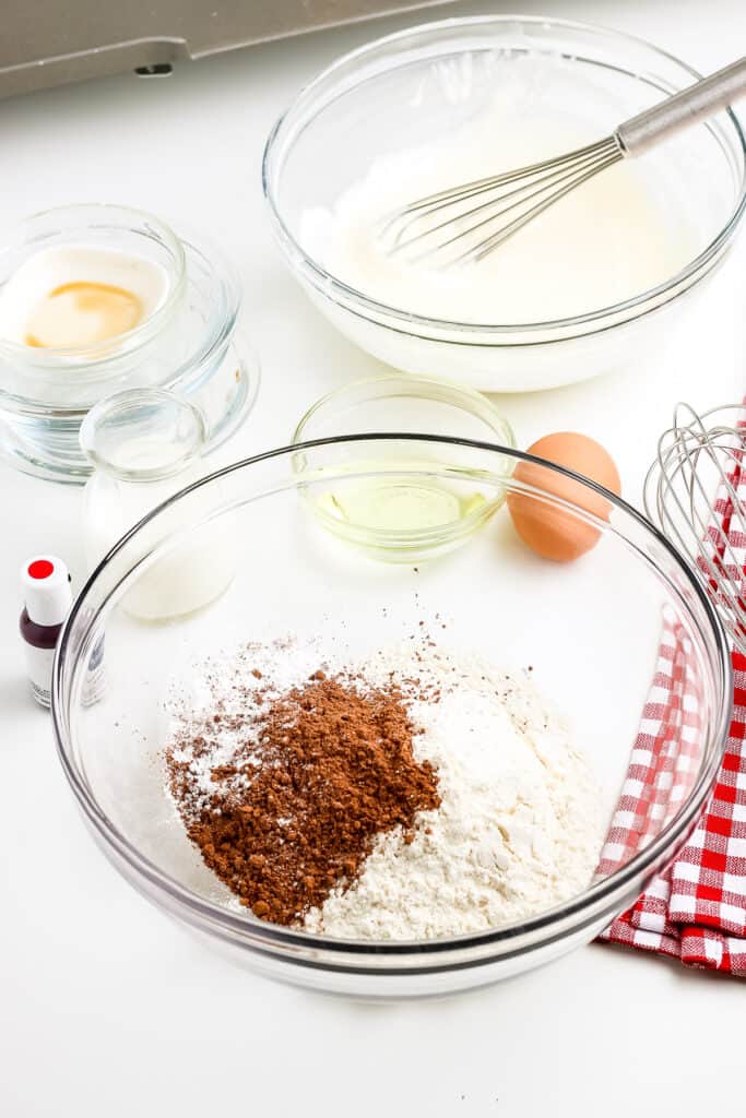 Dry ingredients for red velvet pancakes before mixing