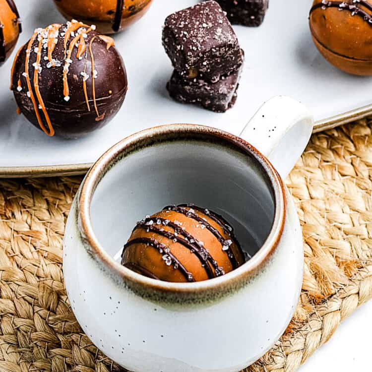 Close up image of Salted Caramel Hot Chocolate Bomb in mug