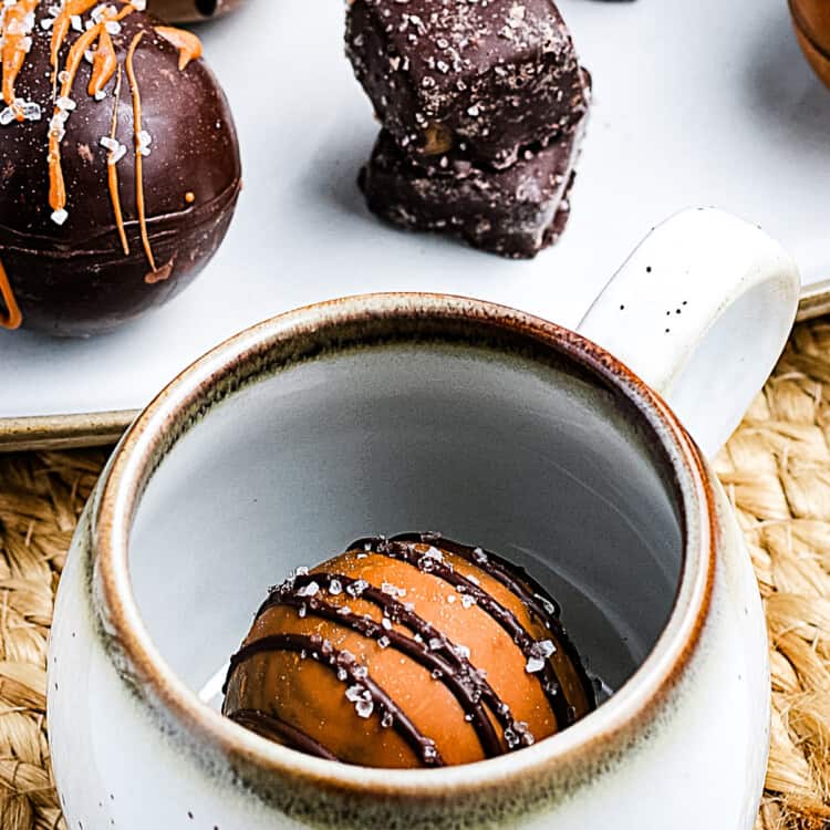 Salted Caramel Hot Cocoa Bombs in mug