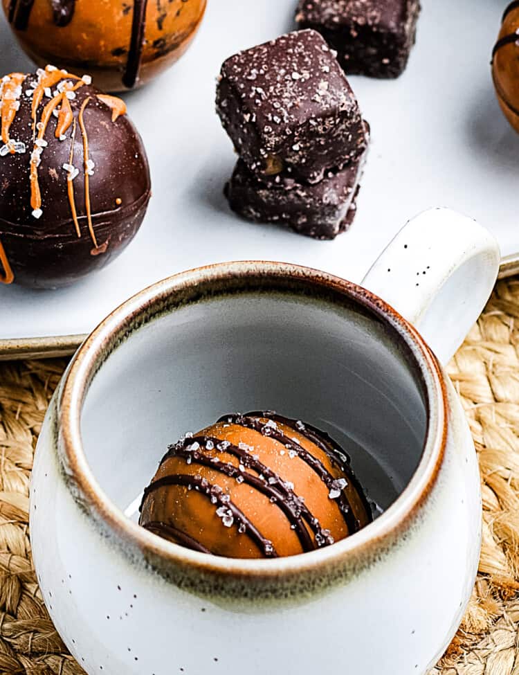 Salted Caramel Hot Cocoa Bombs in mug