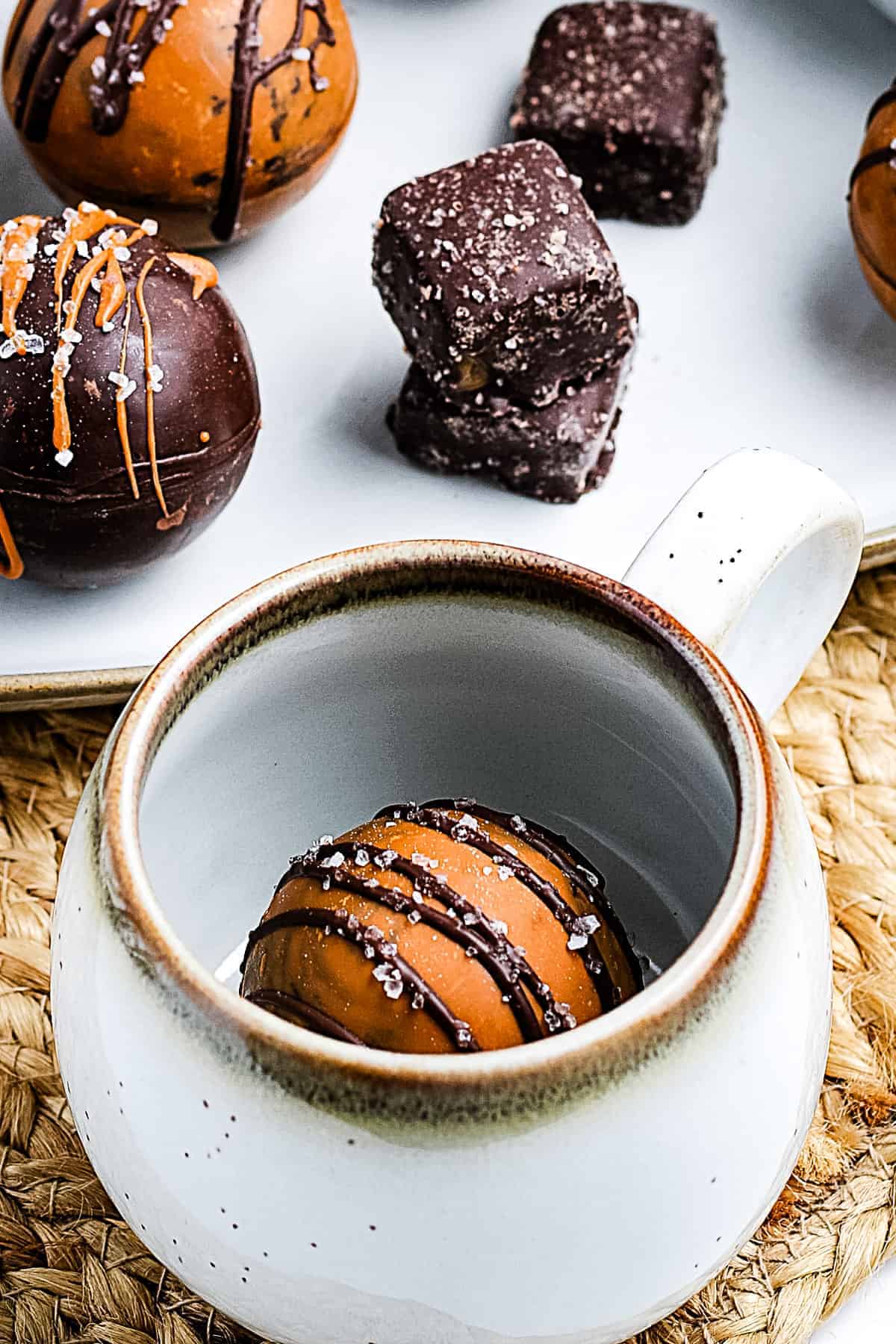 Salted Caramel Hot Cocoa Bombs in mug