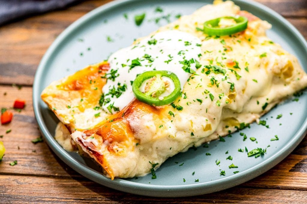 Two Shrimp Enchiladas on a blue plate