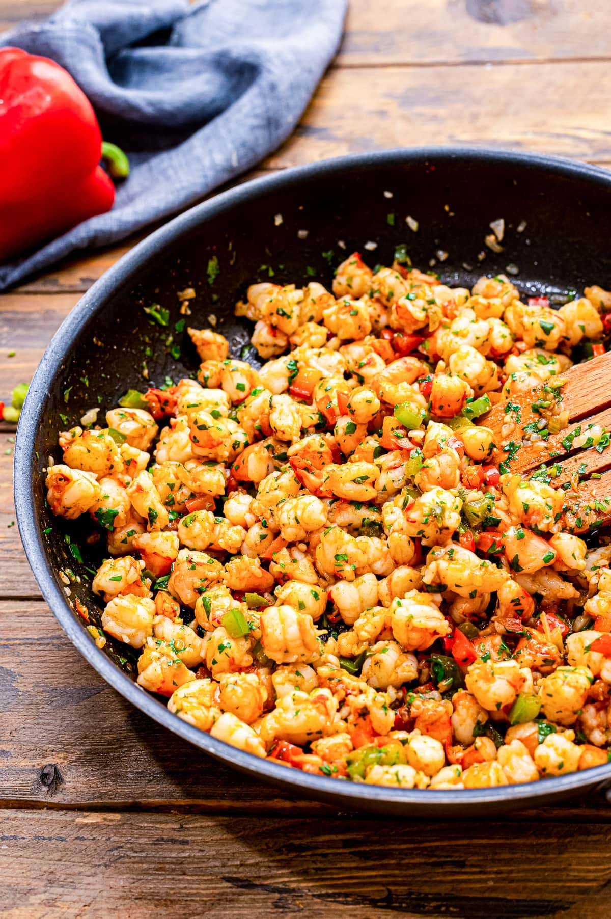 Skillet with shrimp filling for enchiladas