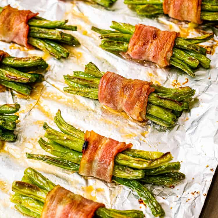 Bacon Wrapped Green Beans Recipe on a sheet pan with foil