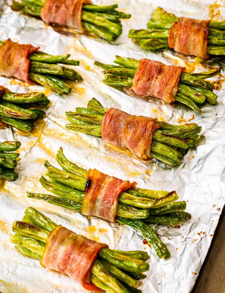 Bacon Wrapped Green Beans Recipe on a sheet pan with foil