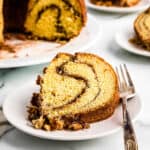 Bundt Coffee Cake Slice Close Up on a white plate