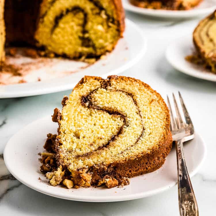 Bundt Coffee Cake Slice Close Up on a white plate