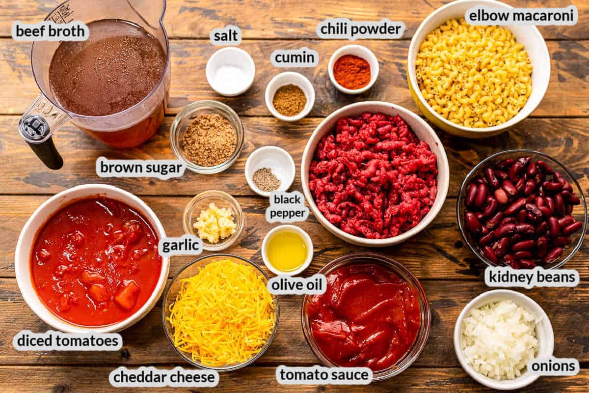 Overhead Image of Chili Mac Ingredients in bowls