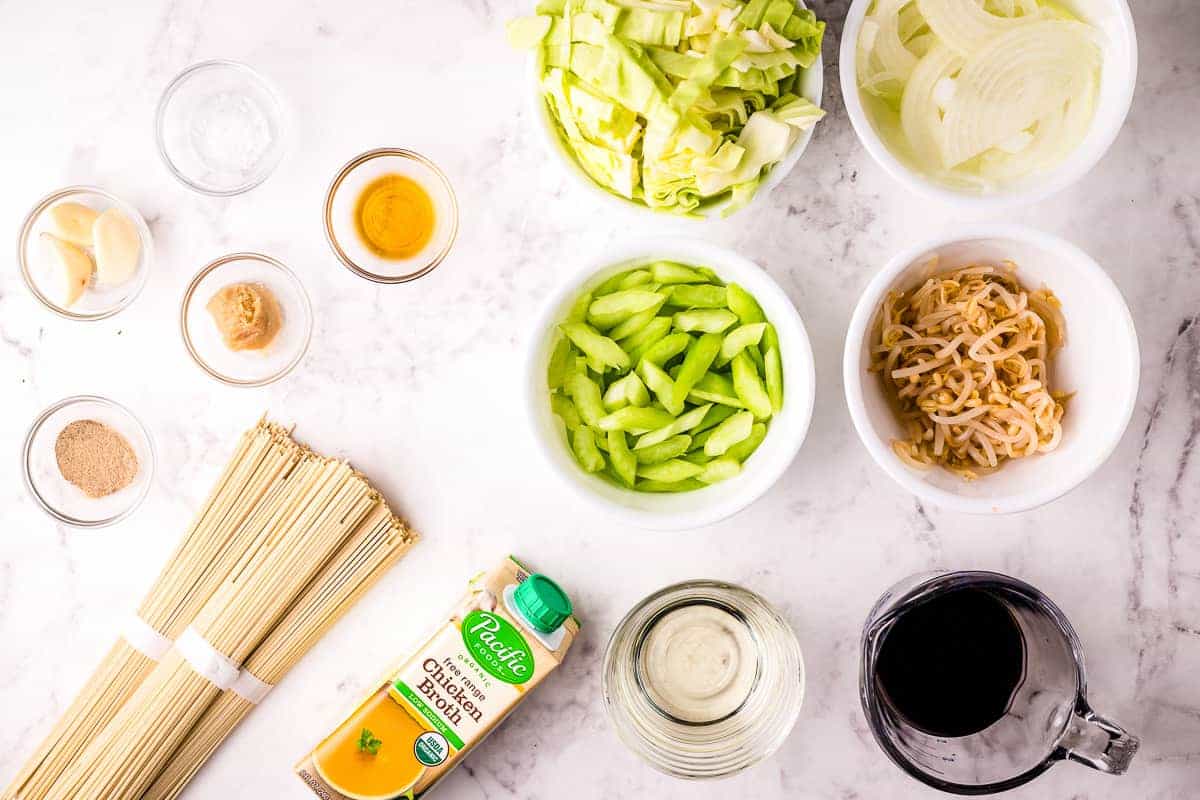 Overhead image of panda express chow mein ingredients