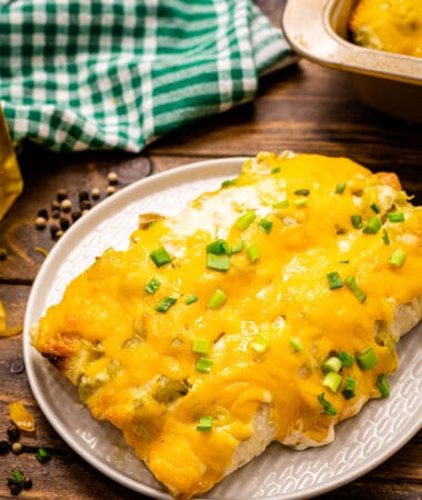 Creamy Chicken Enchiladas are on a white plate