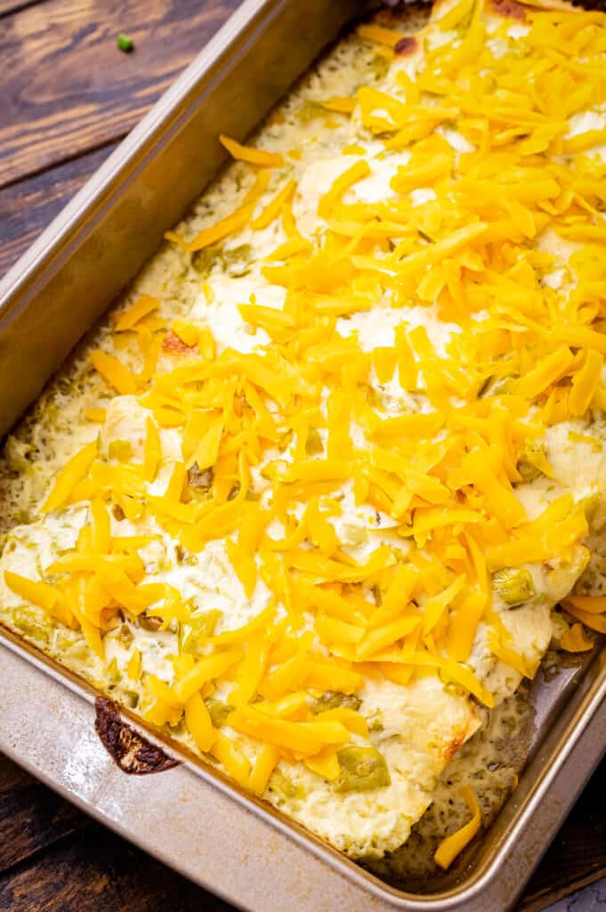 Pan of enchiladas topped with shredded cheddar cheese